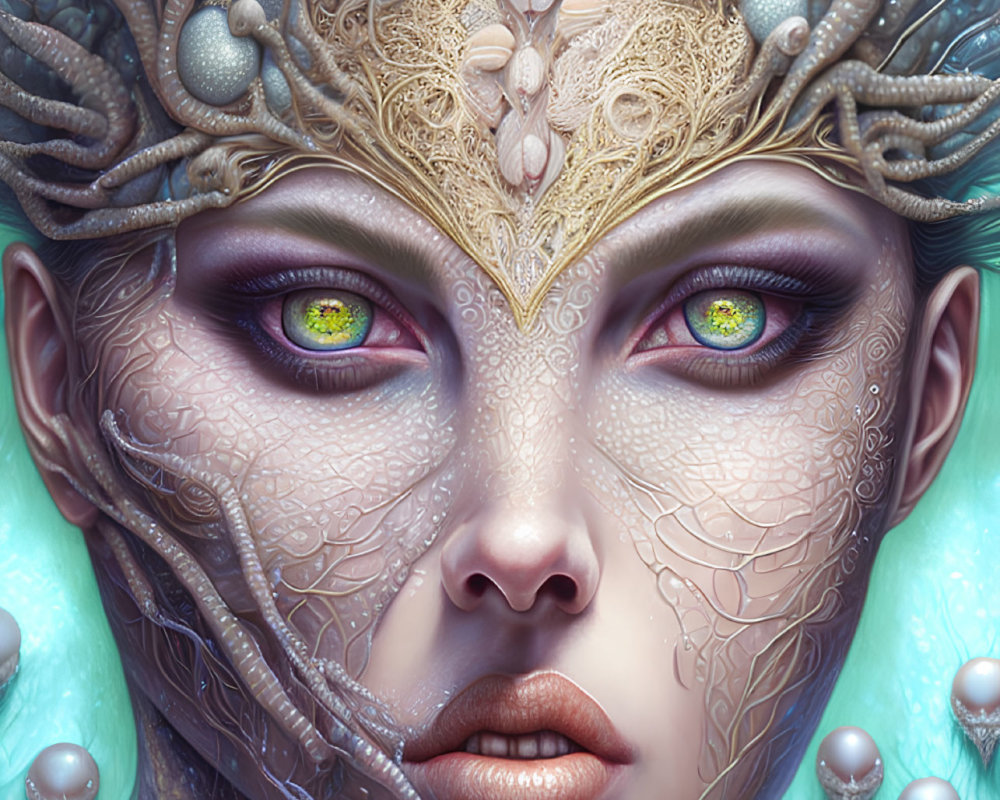 Fantasy female figure with golden headwear and unique skin patterns