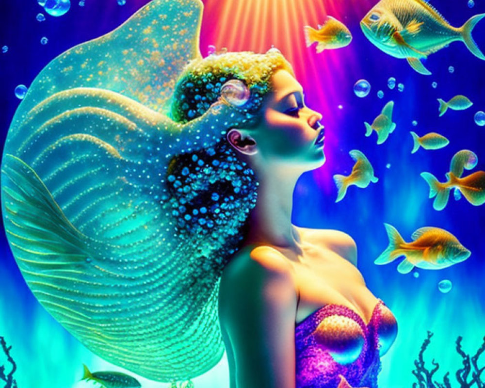 Colorful Underwater Mermaid Illustration with Glowing Aura and Marine Life