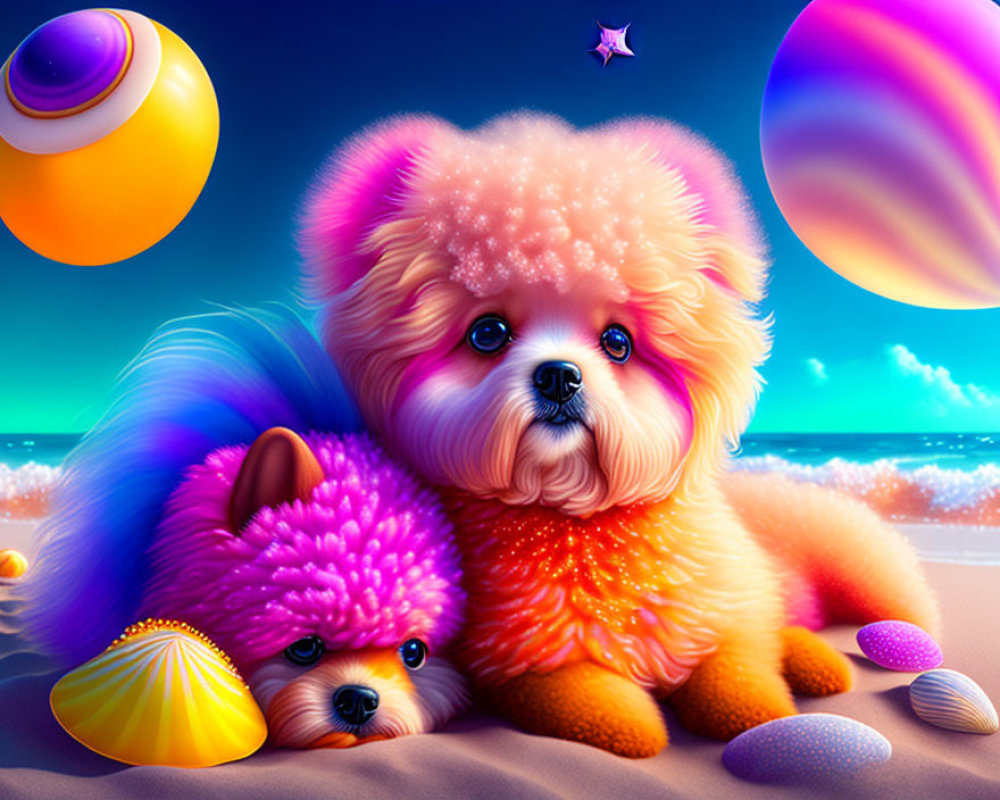 Fluffy Toy Dogs on Colorful Beach with Shells and Glossy Orbs