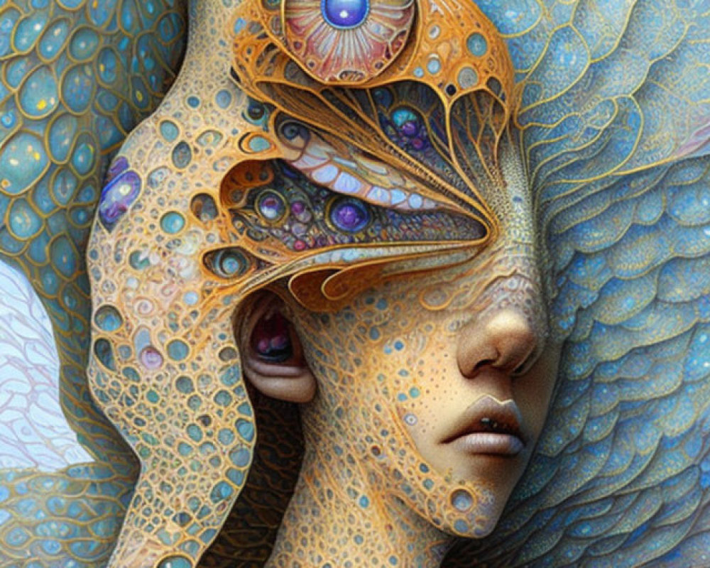 Person with Peacock Feather Textures, Third Eye, and Butterflies in Surreal Artwork