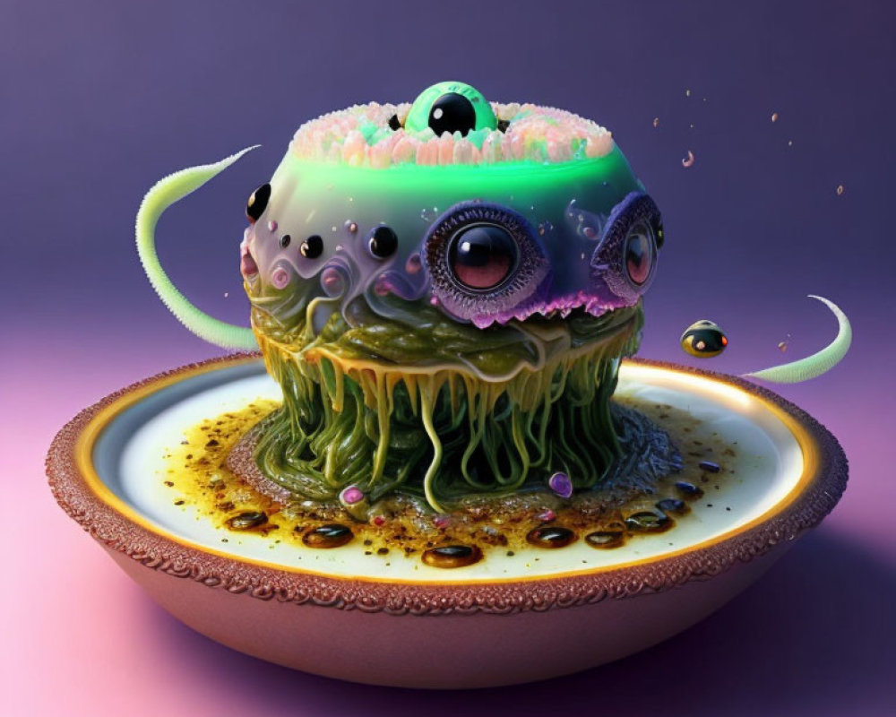 Colorful Cake Creature with Tentacles on Saucer in Purple Background