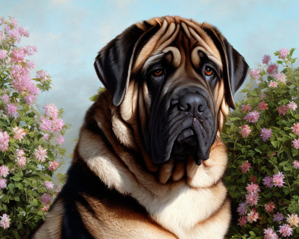 Realistic Mastiff Dog Portrait with Flowers on Blue Sky Background