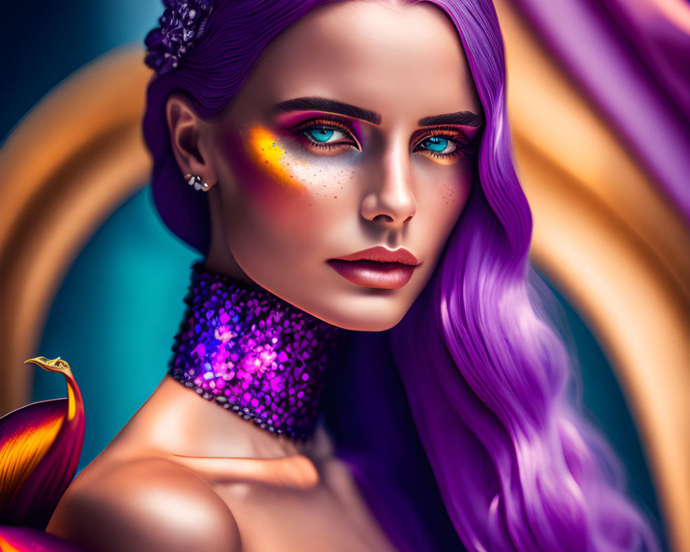 Vibrant portrait of a woman with violet hair and red eyes, bold makeup, beaded ch