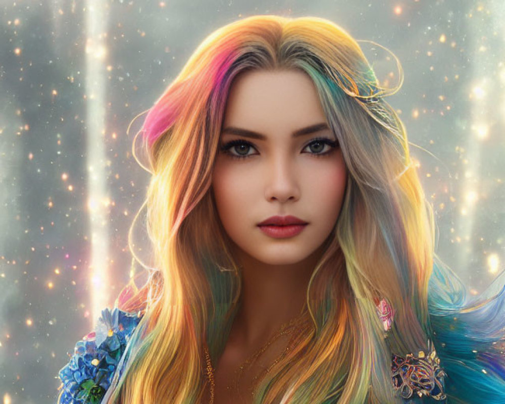 Vibrant digital artwork of a woman with multi-colored hair and intricate outfit