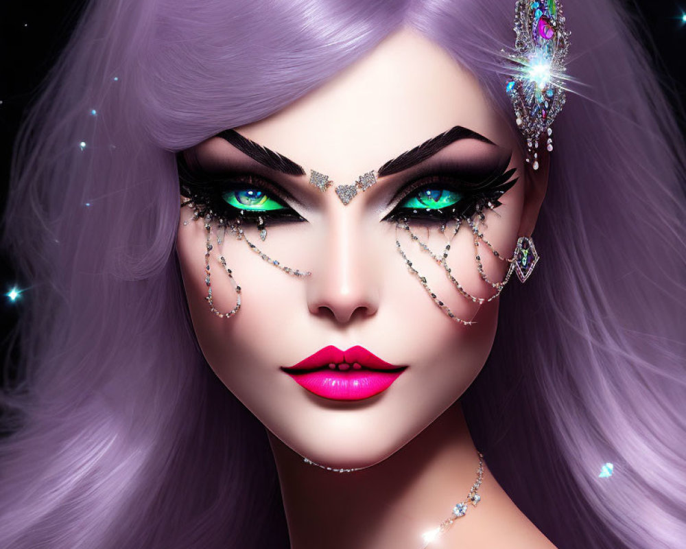 Vibrant purple hair woman with green eyes and jeweled makeup under starry background