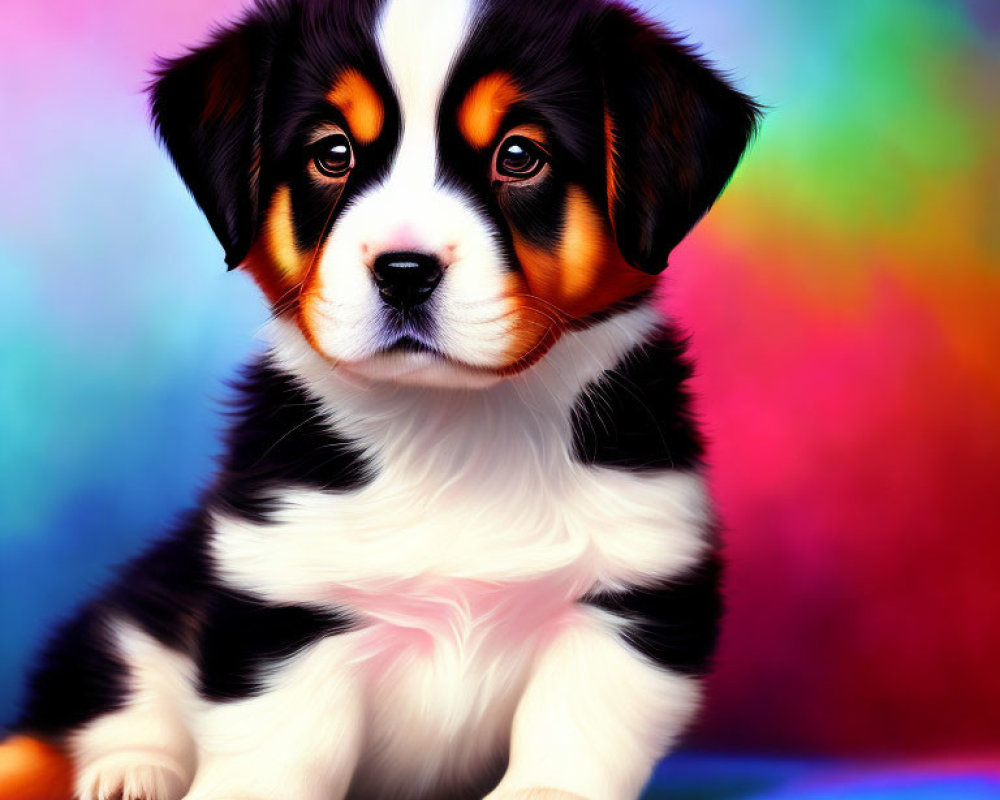 Tri-color Bernese Mountain Dog Puppy on Vibrant Background