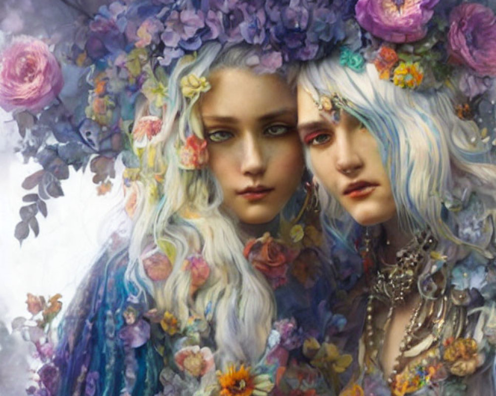 Ethereal figures with pastel hair and vibrant flowers intertwined