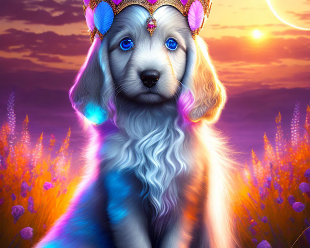 Regal puppy in jeweled crown amidst colorful flower field at sunset