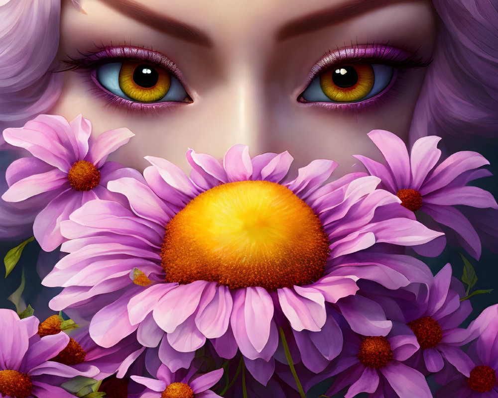 Vibrant purple daisy flowers framing striking green eyes