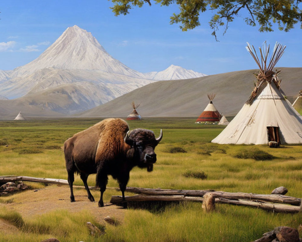 Bison in serene landscape with tepees and snow-capped mountain