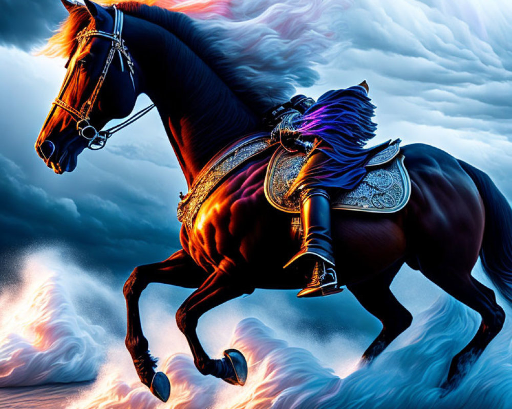 Majestic horse with fiery mane galloping in mystical clouds