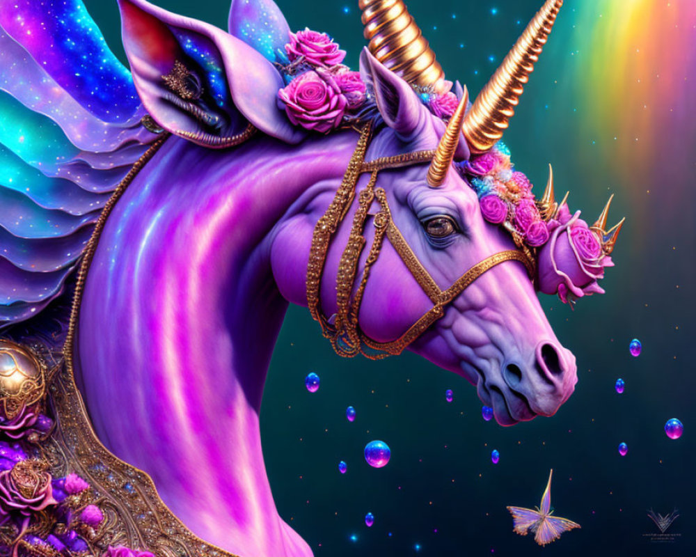 Colorful Unicorn Illustration with Flowers and Gold Chains in Celestial Setting