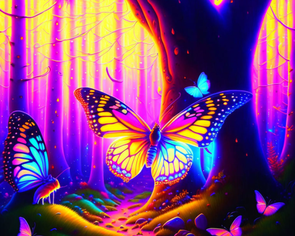 Colorful digital artwork: Glowing butterflies in neon-lit forest