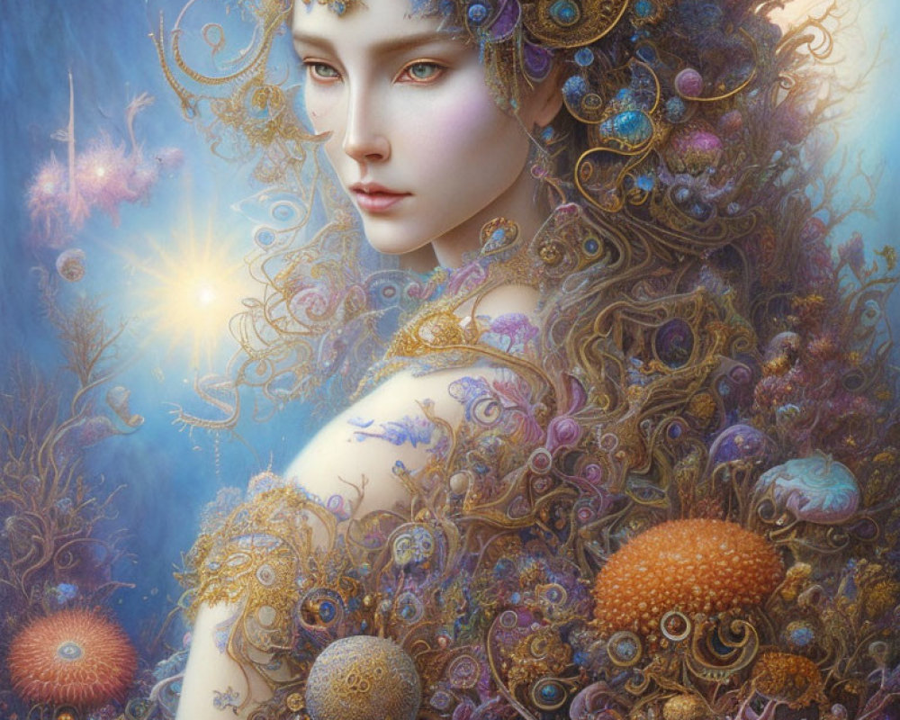 Fantasy artwork: Woman with gold filigree, deep sea creatures, mystical ocean, glowing sun