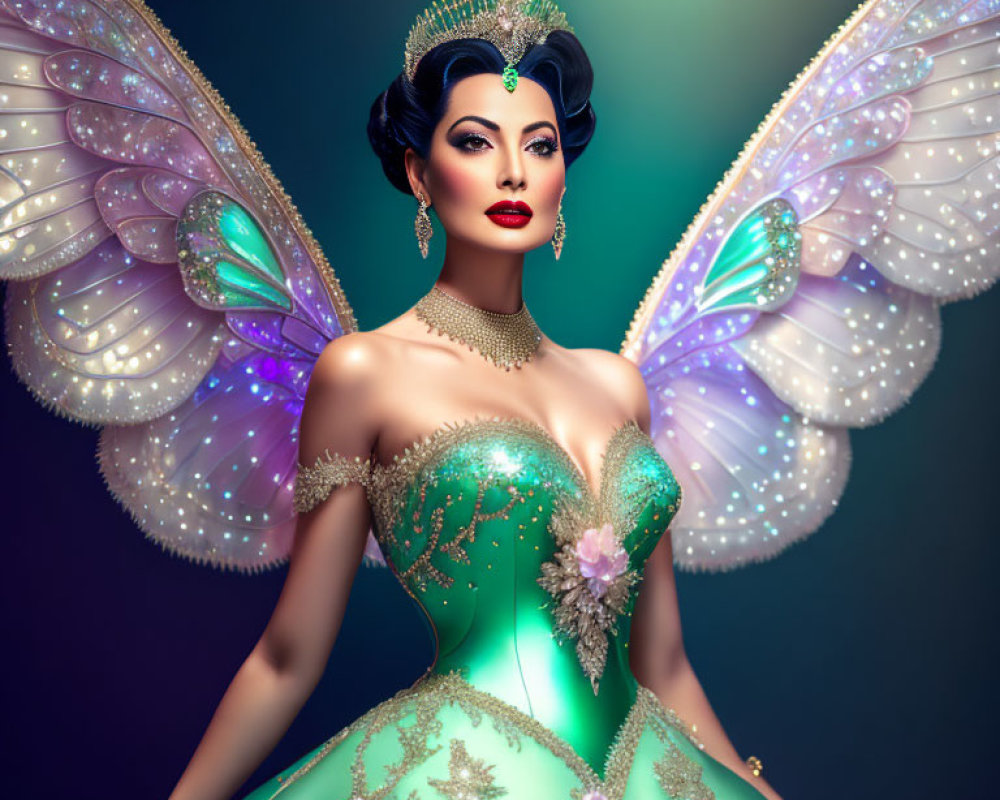 Woman with Butterfly Wings in Green Gown and Jewelry