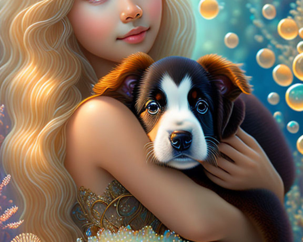 Blonde girl with puppy underwater surrounded by coral and bubbles