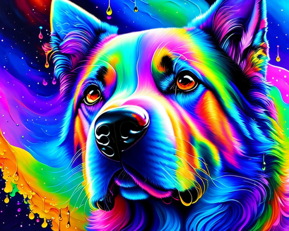 Colorful Digital Artwork of Dog with Psychedelic Rainbow Palette