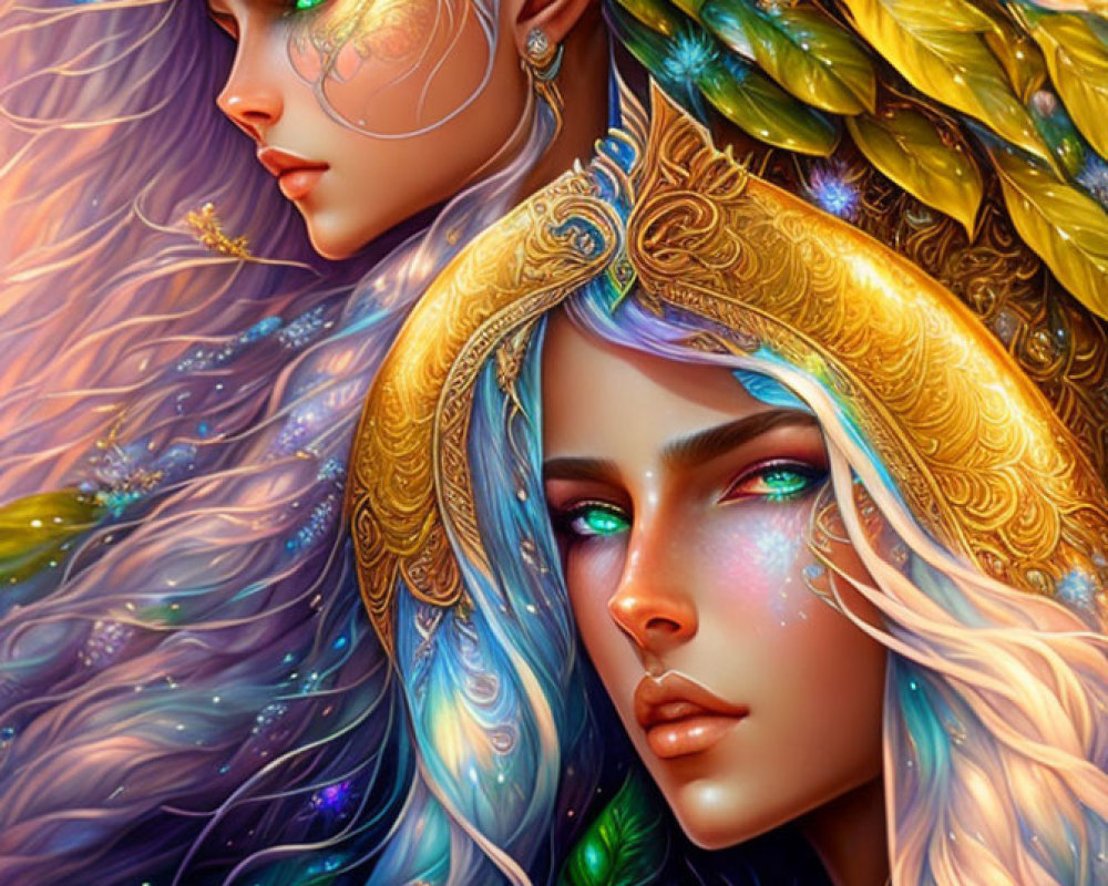 Ethereal beings with golden headdresses and colorful hair