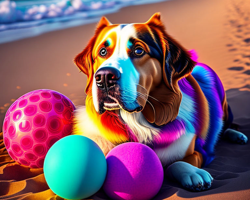 Colorful Dog on Sandy Beach with Bright Balls and Ocean Waves