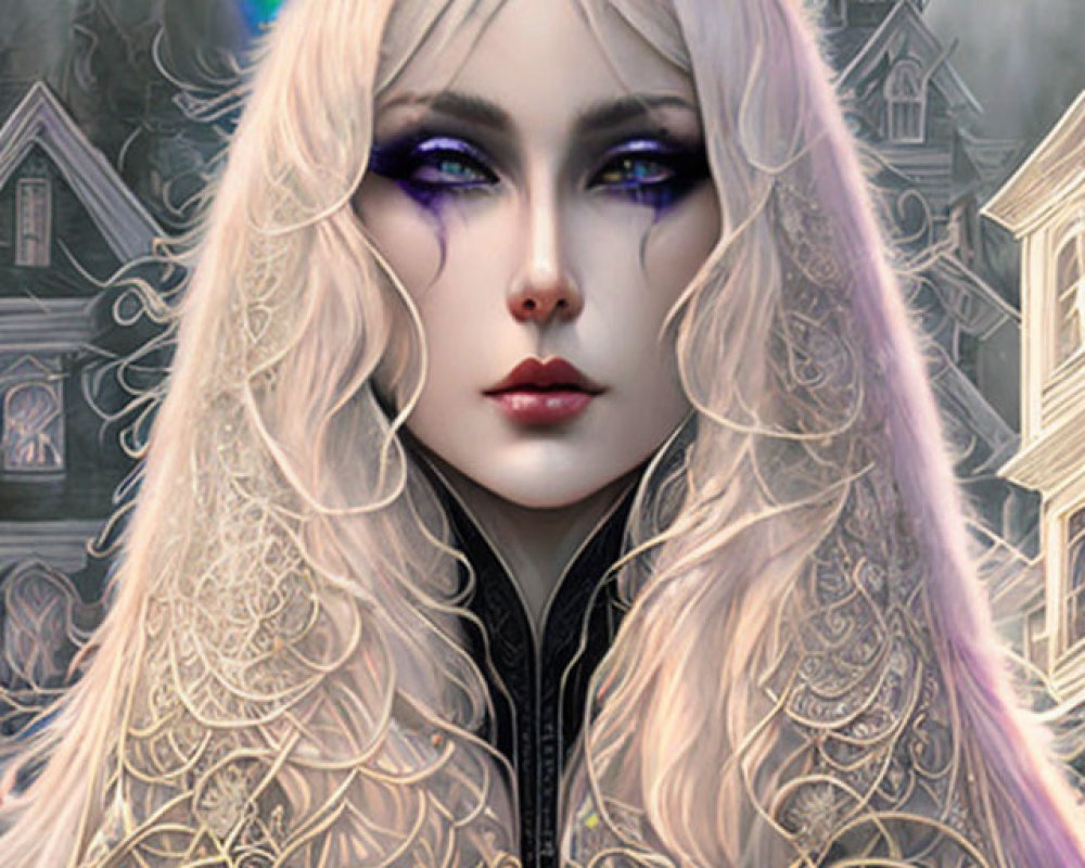 Fantasy portrait of a pale woman with white hair and violet eyes wearing a dark crown, set against