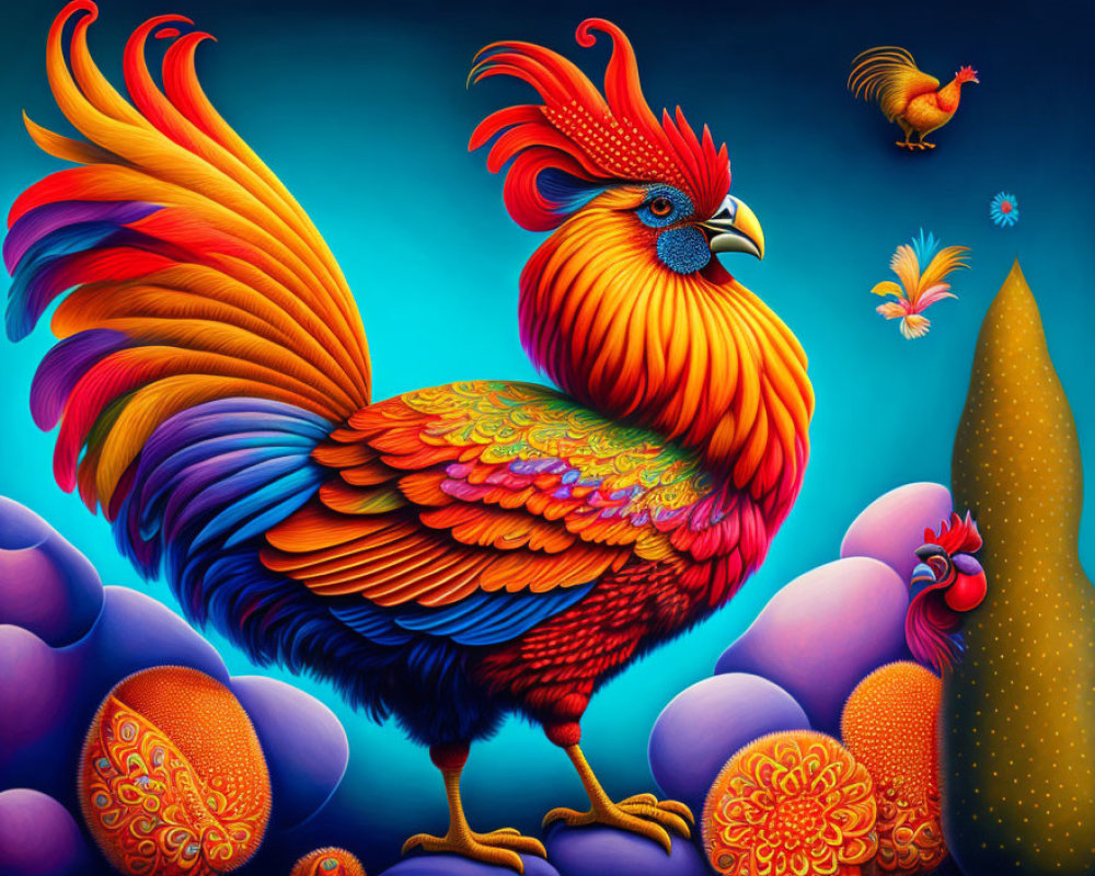 Colorful Rooster and Decorated Eggs Under Mystical Sky