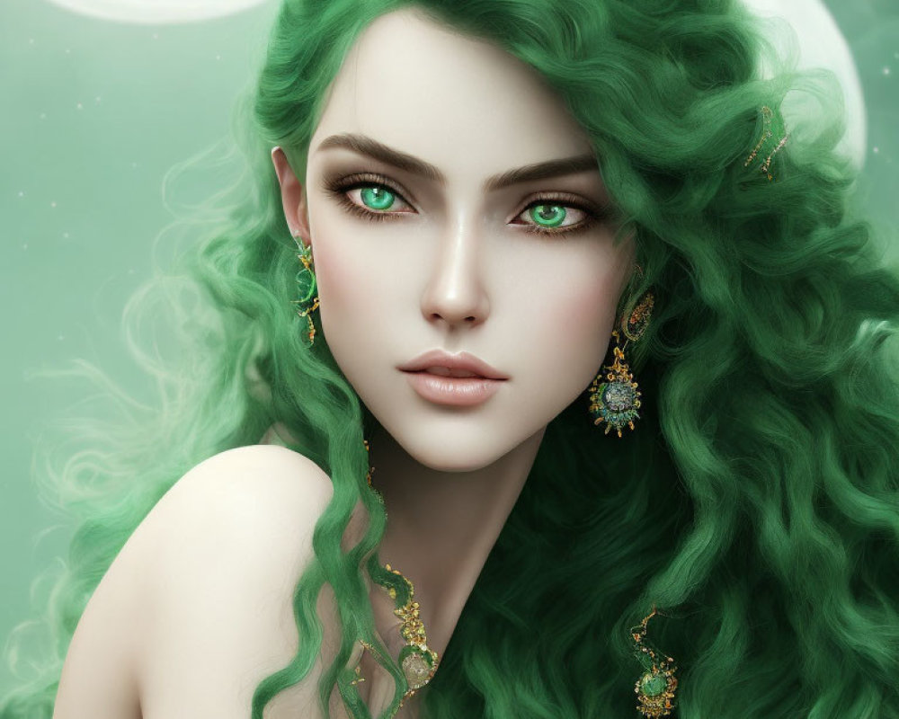 Vibrant green curly hair and emerald eyes fantasy portrait