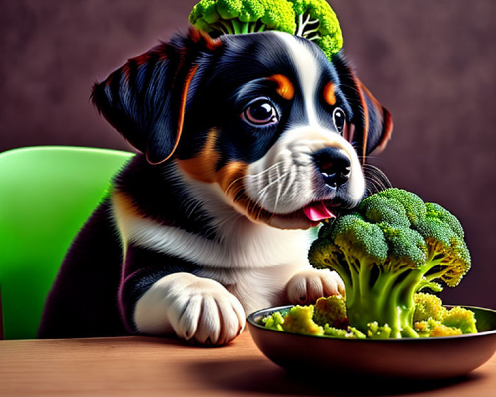 Adorable puppy with broccoli on head next to bowl of broccoli