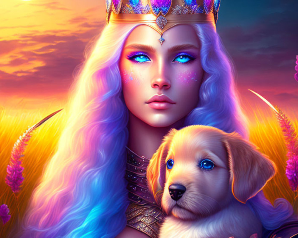 Fantasy queen with glowing blue eyes and multicolored hair holding a puppy in dusk sky.