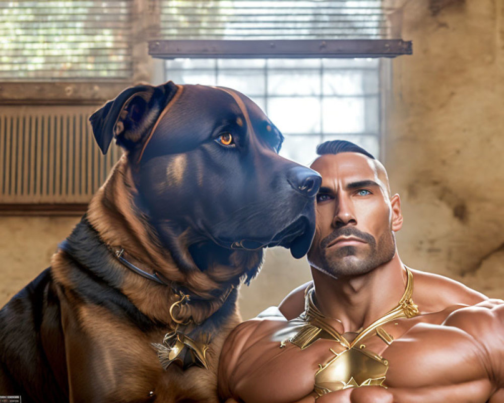 Digital artwork of muscular man and attentive dog with star-shaped tag gazing sideways