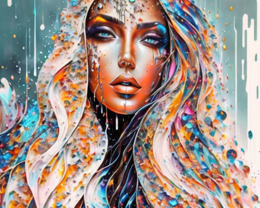 Colorful surreal portrait of woman with flowing multicolored hair and abstract paint drips