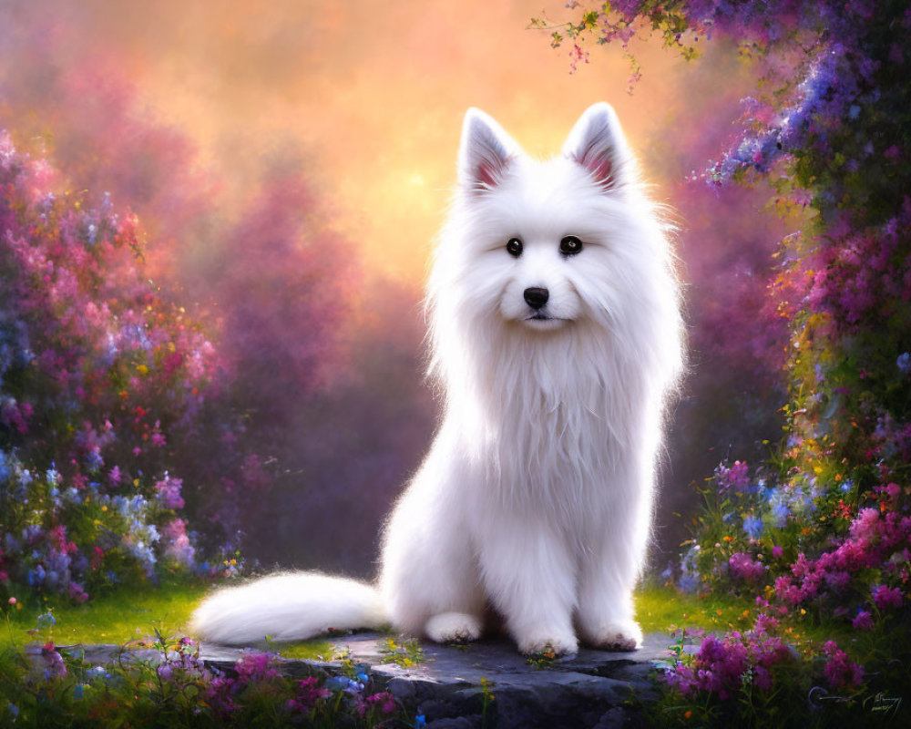 Fluffy White Dog in Colorful Garden with Blooming Flowers