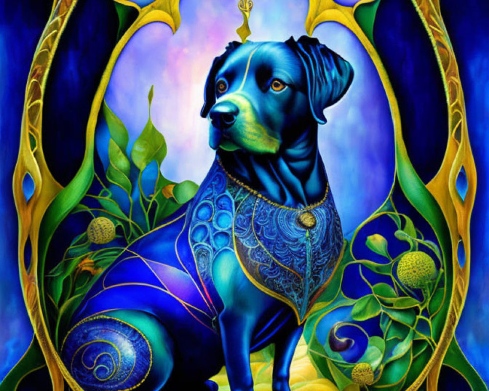 Colorful stylized dog artwork in ornate nature-inspired frame