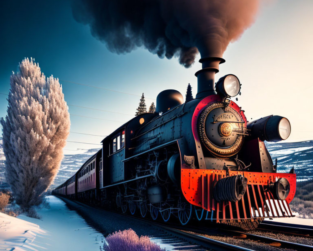 Vintage steam locomotive in snowy landscape with billowing smoke