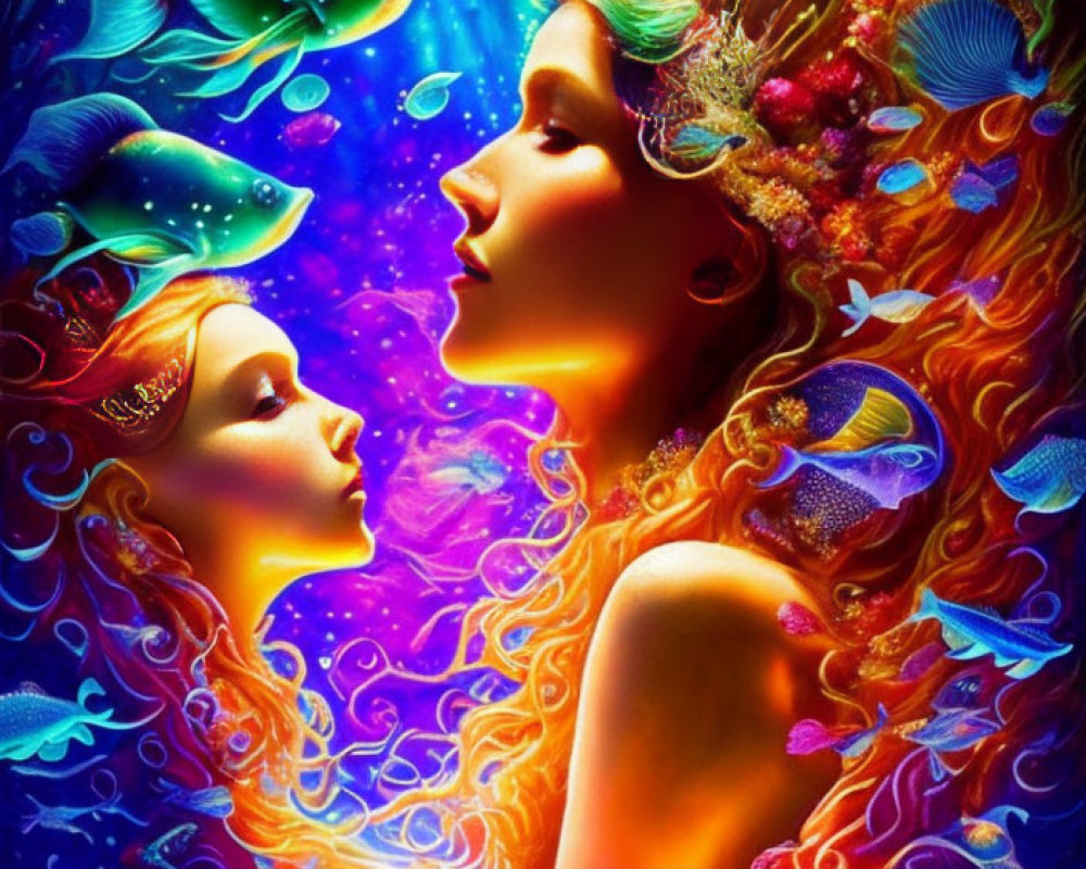 Ethereal women with flowing hair underwater surrounded by colorful fish