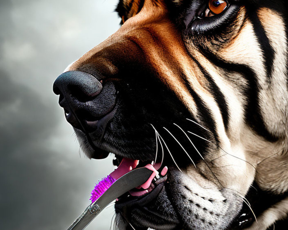 Surreal image: dog with tiger stripes holding purple toothbrush