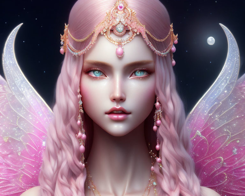 Portrait of female figure with pink hair, blue eyes, gold adornments, butterfly wings, against star