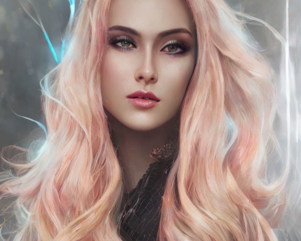 Portrait of Woman with Pink-Blonde Hair and Piercing Eyes surrounded by Ethereal Light