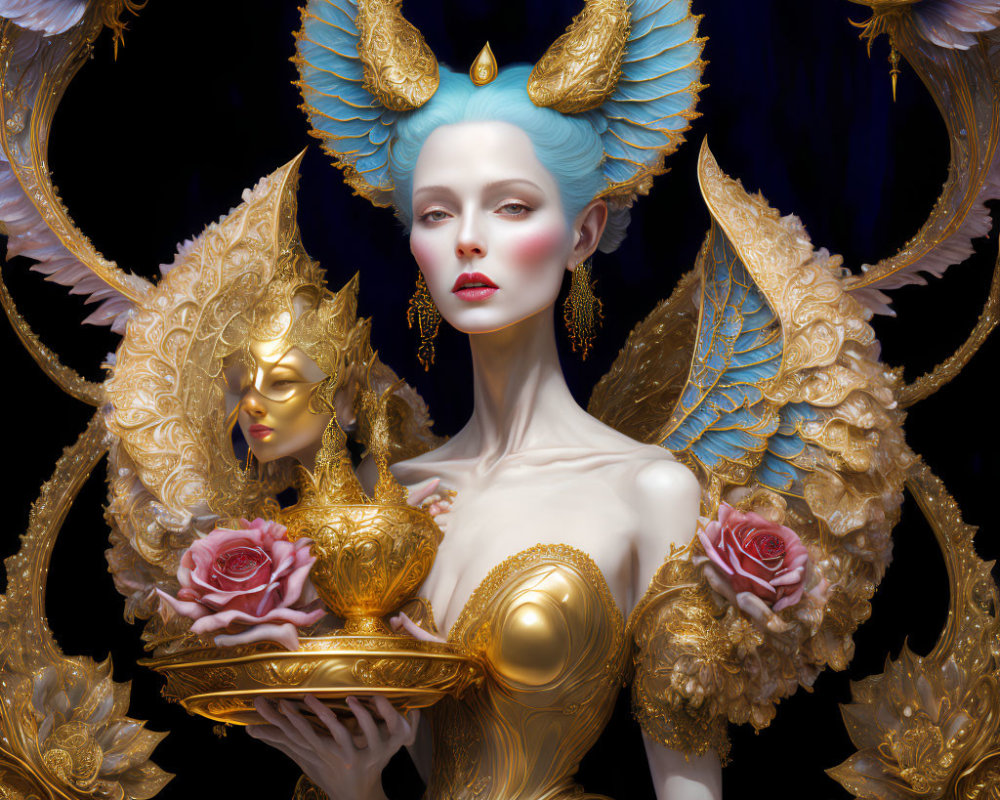 Pale Blue Skinned Being in Angelic Armor with Wings, Headdress, Mask, and Roses Plate