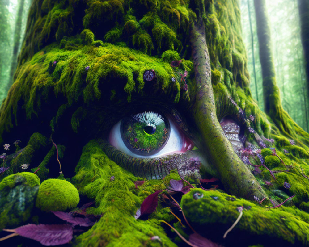 Mystical forest scene with large moss-covered tree trunk and realistic human eye