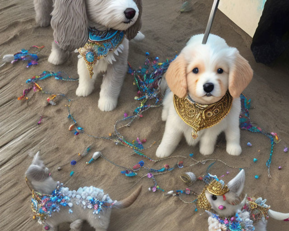 Adorable Dogs, Cat in Royal Costumes on Beach with Confetti