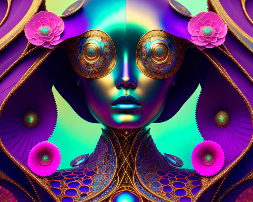 Vibrant Digital Art: Symmetrical Humanoid Figure with Floral Patterns