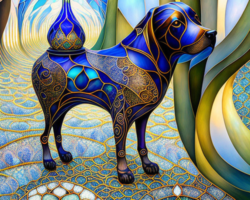 Stylized dog image with intricate patterns on vibrant background