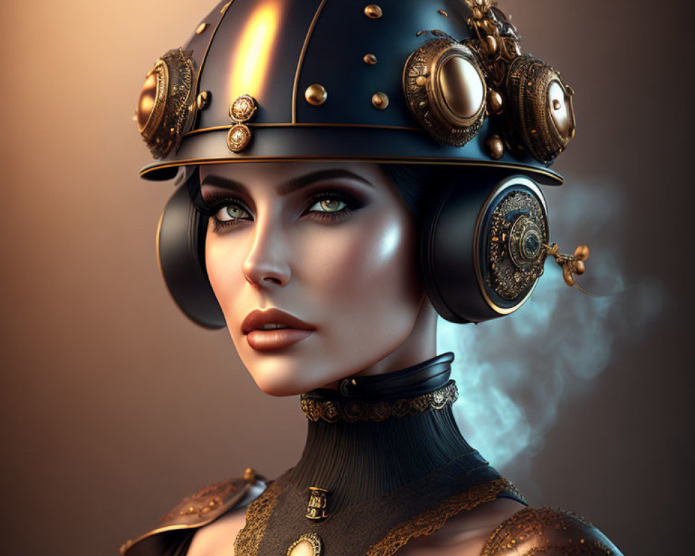 Striking steampunk helmet with ornate gears and gold accents on a woman.