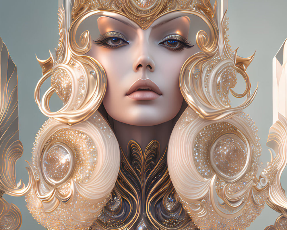 Digital artwork: Woman with gold headdress and armor, third eye, crystal-like background