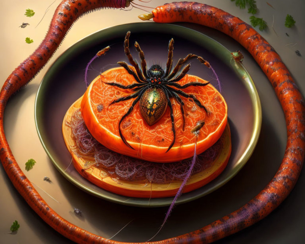 Detailed digital artwork: spider on sliced orange with earthworms on plate