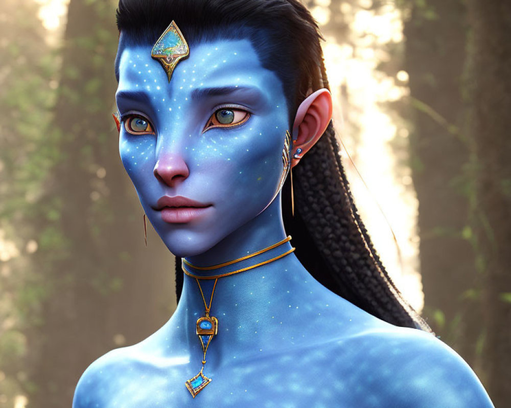 Blue-skinned female character with mystical markings in forest setting