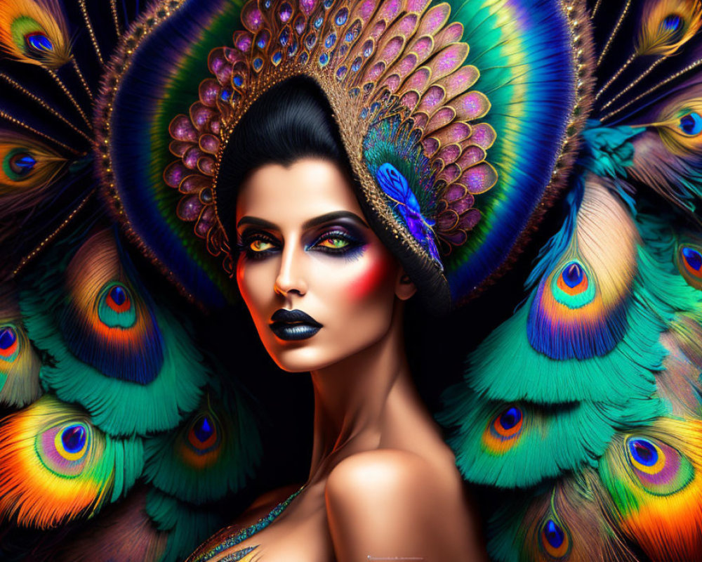 Exotic woman with vibrant makeup and peacock feather headdress