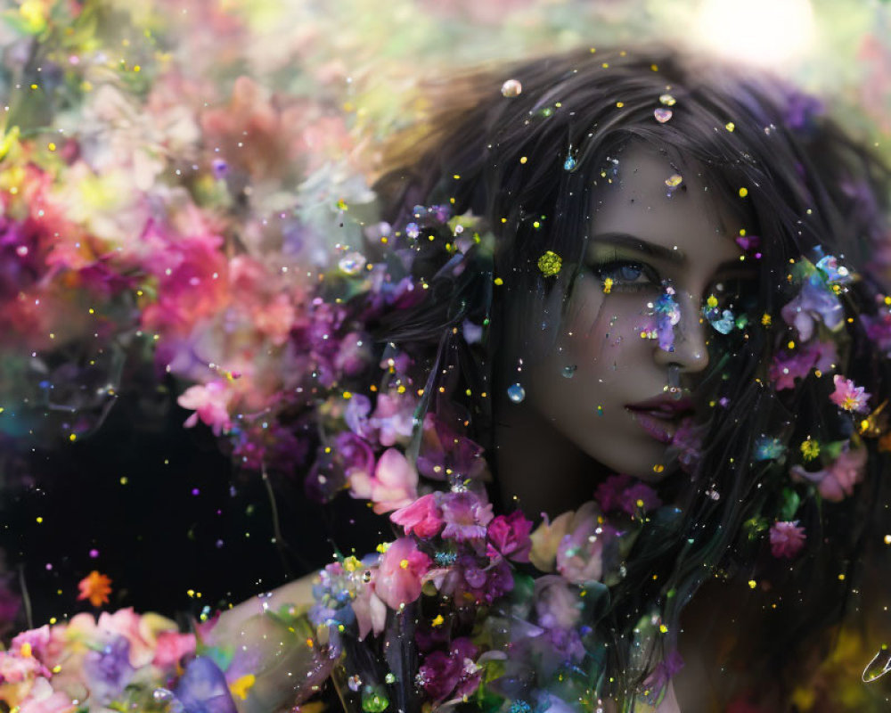 Portrait of woman's face blending with vibrant, multicolored flowers