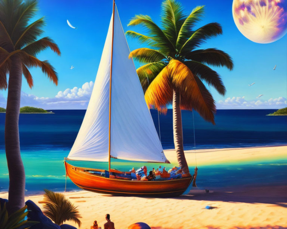 Tropical beach scene with sailboat, palm trees, people, and large moon