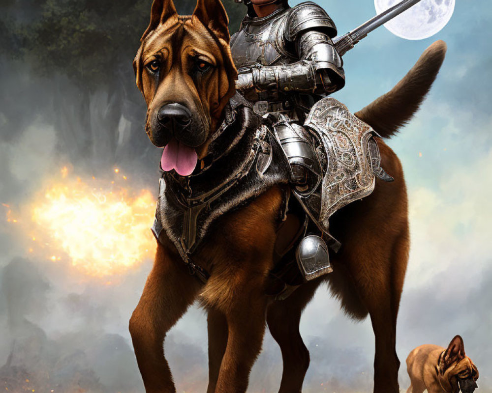 Knight riding giant armored dog with small dog in mystical setting